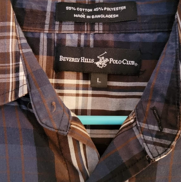 Men's Large Beverly Hills Polo Club button-down flannel. Brown and blue. - Picture 2 of 3